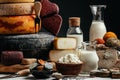 Different sorts of cheese wheels at a market. dairy products. large assortment of international cheese specialities on black Royalty Free Stock Photo