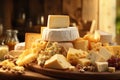 Different sorts of cheese on wooden table. Generative ai art. Close up view. Big cheese selection. Various kind and traditional