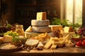 Different sorts of cheese on wooden table. Generative ai art. Close up view. Big cheese selection. Various kind and traditional