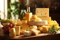 Different sorts of cheese on wooden table. Generative ai art. Close up view. Big cheese selection. Various kind and traditional