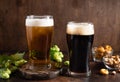 different sorts of craft beer in frosty glasses and snacks on table