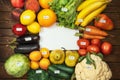 Different sorts of raw fruits and vegetables with calories labels on wooden table and empty white paper as copy space Royalty Free Stock Photo