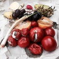 Different sorts of rotten fruits and vegetables on gray paper Royalty Free Stock Photo