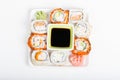 Different sorts of sushi on the plate, top view Royalty Free Stock Photo