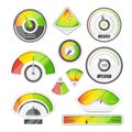 Different speed indicators. Vector pictures of speedometers and tachometers Royalty Free Stock Photo