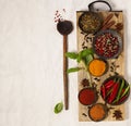 Different spices in bowls on table Royalty Free Stock Photo