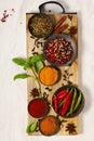 Different spices in bowls on table Royalty Free Stock Photo