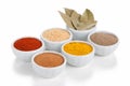 Different spices in bowls on white.