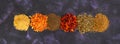Different spices on dark background. Top view. Banner Royalty Free Stock Photo