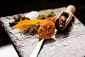 Different spices and herbs on a black slate. Iron spoon with chili pepper. Indian spices. Ingredients for cooking. Healthy eating Royalty Free Stock Photo