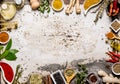 Different spices, herbs and roots view from the top. Royalty Free Stock Photo