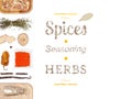 Different spices and herbs on white background. top view