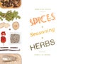 Different spices and herbs on white background. top view