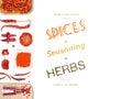 Different spices and herbs on white background. top view