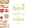 Different spices and herbs on white background. top view