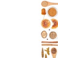 Different spices and herbs on white background. top view