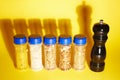 Different spices in jars and black pepper Royalty Free Stock Photo