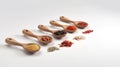 different Spices on nice wooden spoons on white background with spices in front of the spoon Generative AI Royalty Free Stock Photo
