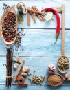 Different spices on old wood. Royalty Free Stock Photo