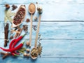 Different spices on old wood. Royalty Free Stock Photo