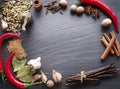 Different spices on rocked table. Royalty Free Stock Photo