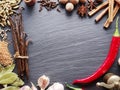 Different spices on rocked table. Royalty Free Stock Photo