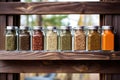 different spices in small glass jars on a hanging rack Royalty Free Stock Photo