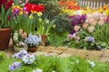 Different spring flowers in the garden of the house in pots and in the ground.