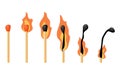 Different stages of matchstick ignition. A set of burning matches.