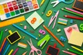 Different stationery on green background, flat lay with space for text. Back to school Royalty Free Stock Photo