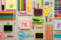 Different stationery on grey background, flat lay with space for text. Back to school Royalty Free Stock Photo