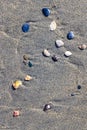 Different stones with stains on the wet sand Royalty Free Stock Photo