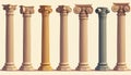Different style pillars stand in row. Antique architecture column set includes ionic doric corinthian design. Illustration for Royalty Free Stock Photo