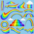 Different style rainbow color strips after rain optical sky effect vector set.