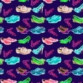 Different styles of gentlemen`s and lady`s shoes in love, with inscription, bright neon colors palette