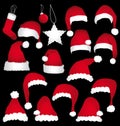 Different styles of santa caps isolated on black background.