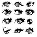 Different styles and shapes of anime eyes, element pack. Set of twelve ocular drawings.