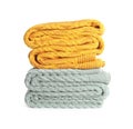 Different stylish knitted plaids on white background Royalty Free Stock Photo