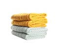 Different stylish knitted plaids on white background Royalty Free Stock Photo