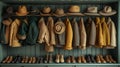 different stylish men's hats, shoes and clothes in the green closet. wardrobe with clothes Royalty Free Stock Photo