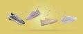 Different stylish sneakers in air on yellow background, collage design