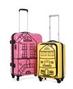 Different suitcases with drawings of houses on white background. Moving concept