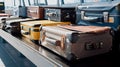 Different Suitcases on luggage conveyor, claim area at airport terminal. Generative AI