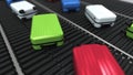 Different suitcases move on roller conveyor, 3D rendering
