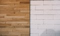 Different surfaces: wooden planks and white concrete  bricks Royalty Free Stock Photo
