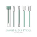 Different swabs, ear stick in flat line style on white background. Medical tools, hygiene objects