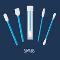 Different swabs, ear stick in flat style on blue background. Medical tools, hygiene objects