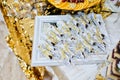 Different swets and cakes at wedding reception. Royalty Free Stock Photo