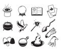 Different symbols of magicians, alchemists and wizards. Vector monochrome silhouettes isolate on white Royalty Free Stock Photo