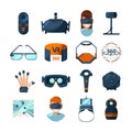 Different symbols of virtual reality. Electronic and computer technology of future. Vector icons set in cartoon style Royalty Free Stock Photo